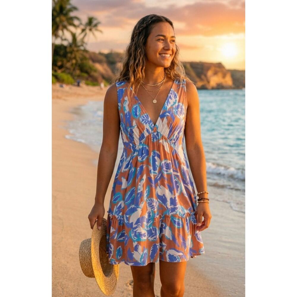 Mahina Swina Floral V-Neck Mini Dress S Rust Blue White Beach Boho Summer New
